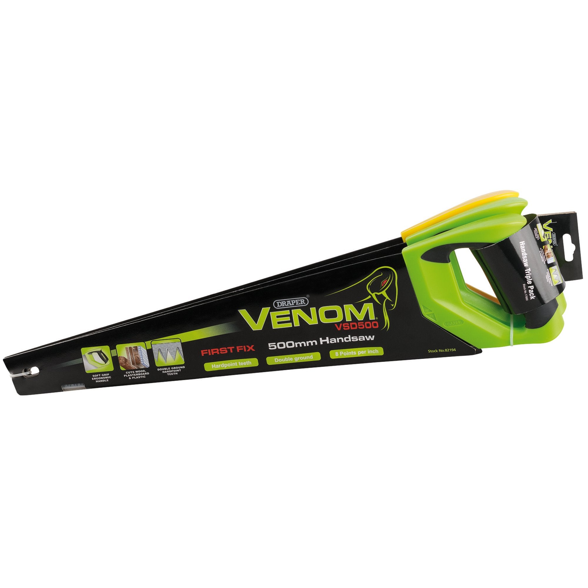 Draper-Venom®-2-x-First-Fix-&-1-x-Second-Fix-Double-Ground-Handsaws,-500mm,-7tpi/8ppi-&-11tpi/12ppi-(Pack-of-3)